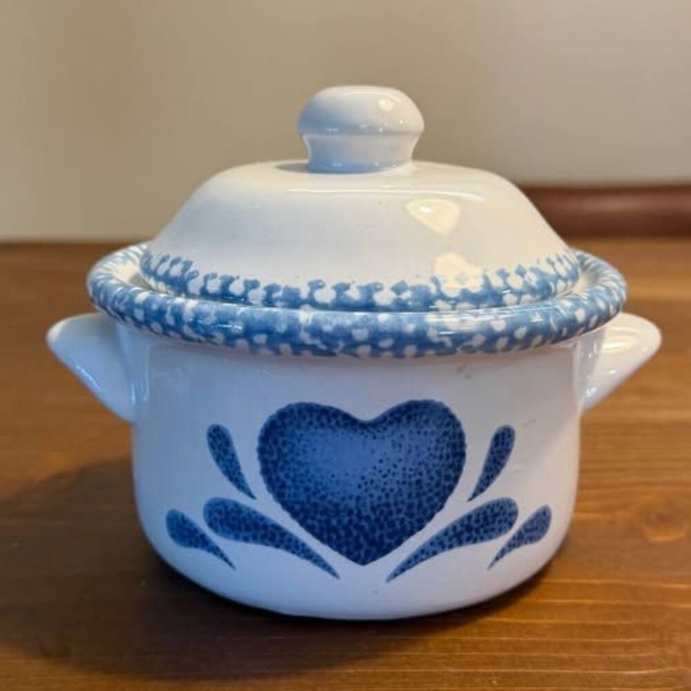 Vintage Blue Sponge Ware Heart Ceramic Lidded Crock Jam Jar